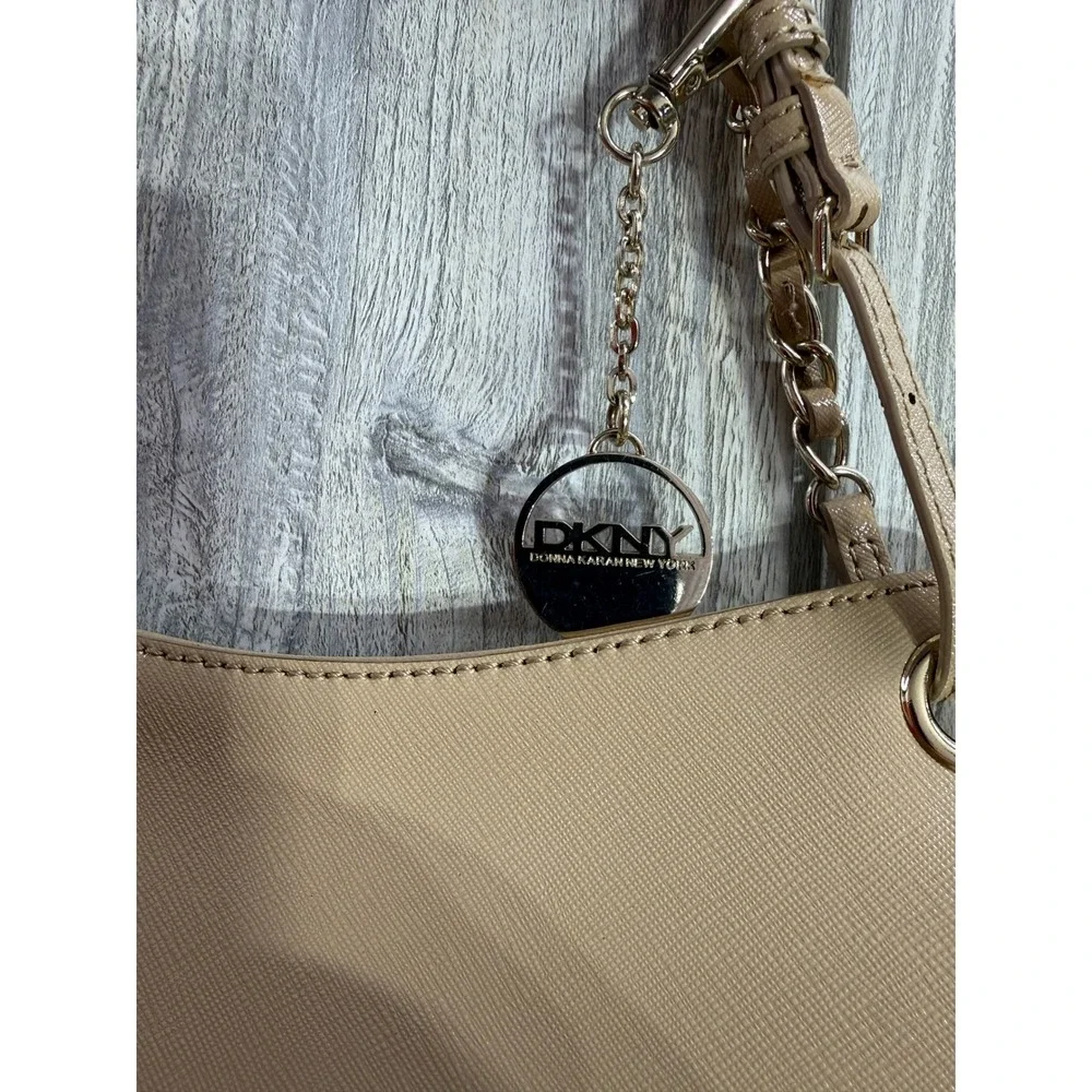 DKNY Beige Saffiano Leather Shoulder Bag Gold Chain Flap Crossbody Tan Handbag